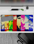 Persona 4 Golden mouse pad featuring Yu, Chie, and Naoto in colorful blocks, size 32x16 inches, perfect for gaming.