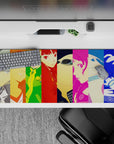 Anime mouse pad 36x16 inches with Persona 4 Golden characters: Yu, Chie, Naoto, in vibrant color blocks, stylish and bold.