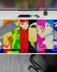 Persona 4 Golden desk pad 40x20 inches featuring Yu, Chie, Naoto portraits in vibrant color blocks, perfect for gaming.