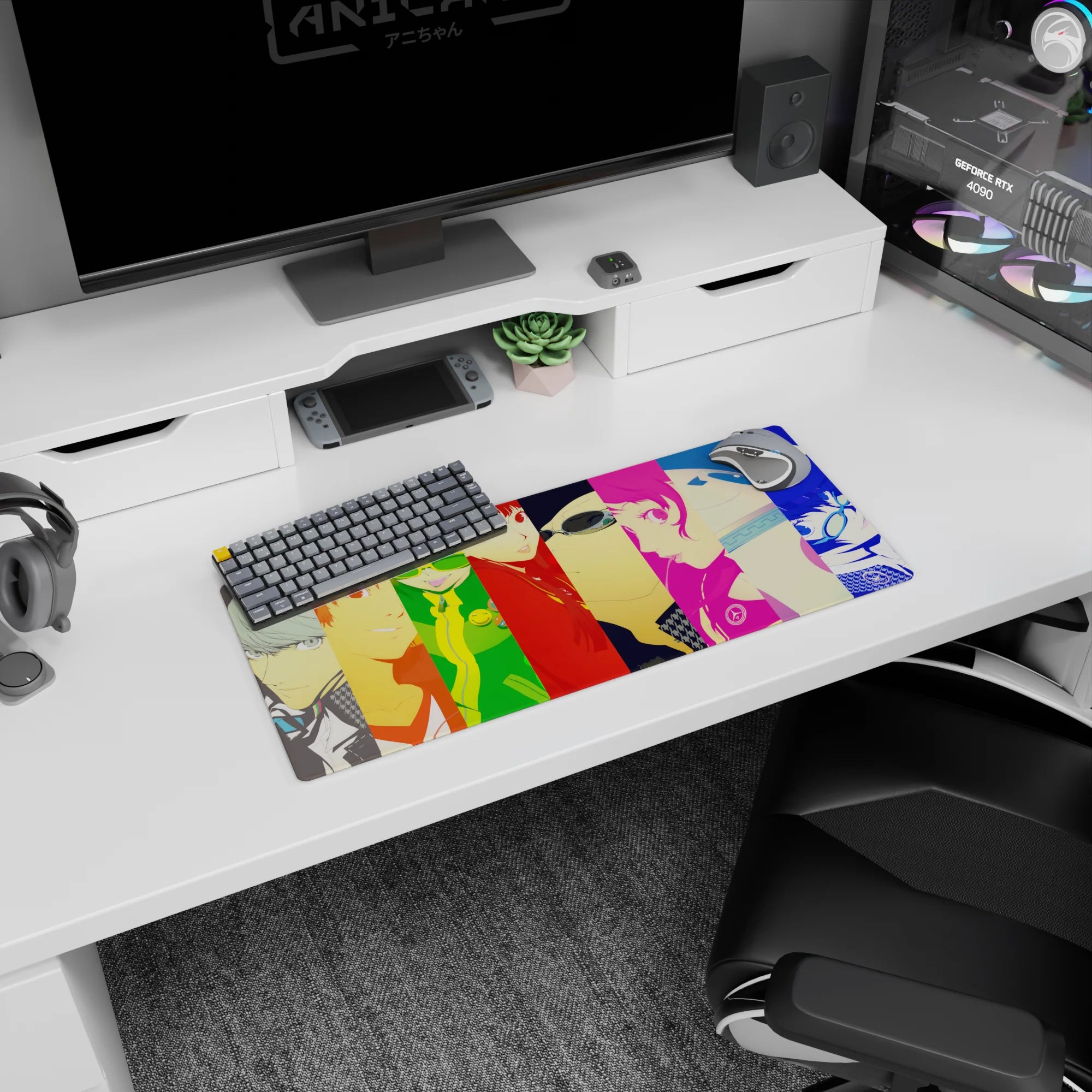 Persona 4 Golden mouse pad, 28x12 inches, features vibrant character designs of Yu, Chie, and Naoto in bold color blocks.