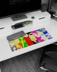 Persona 4 Golden mouse pad, 28x12 inches, features vibrant character designs of Yu, Chie, and Naoto in bold color blocks.