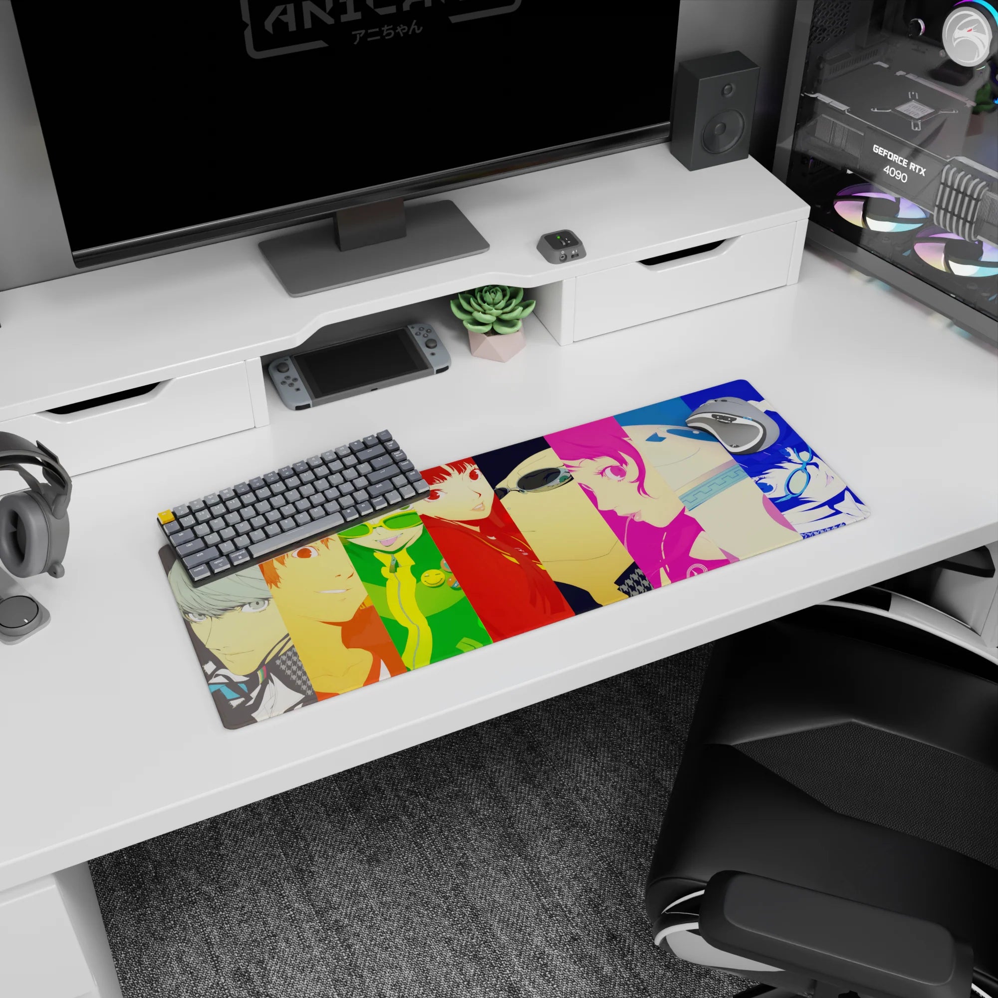 Anime mouse pad 32x12 inches featuring Persona 4 Golden&#39;s cast in vibrant color blocks, showcasing Yu, Chie, and Naoto.