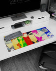 Anime mouse pad 32x12 inches featuring Persona 4 Golden's cast in vibrant color blocks, showcasing Yu, Chie, and Naoto.