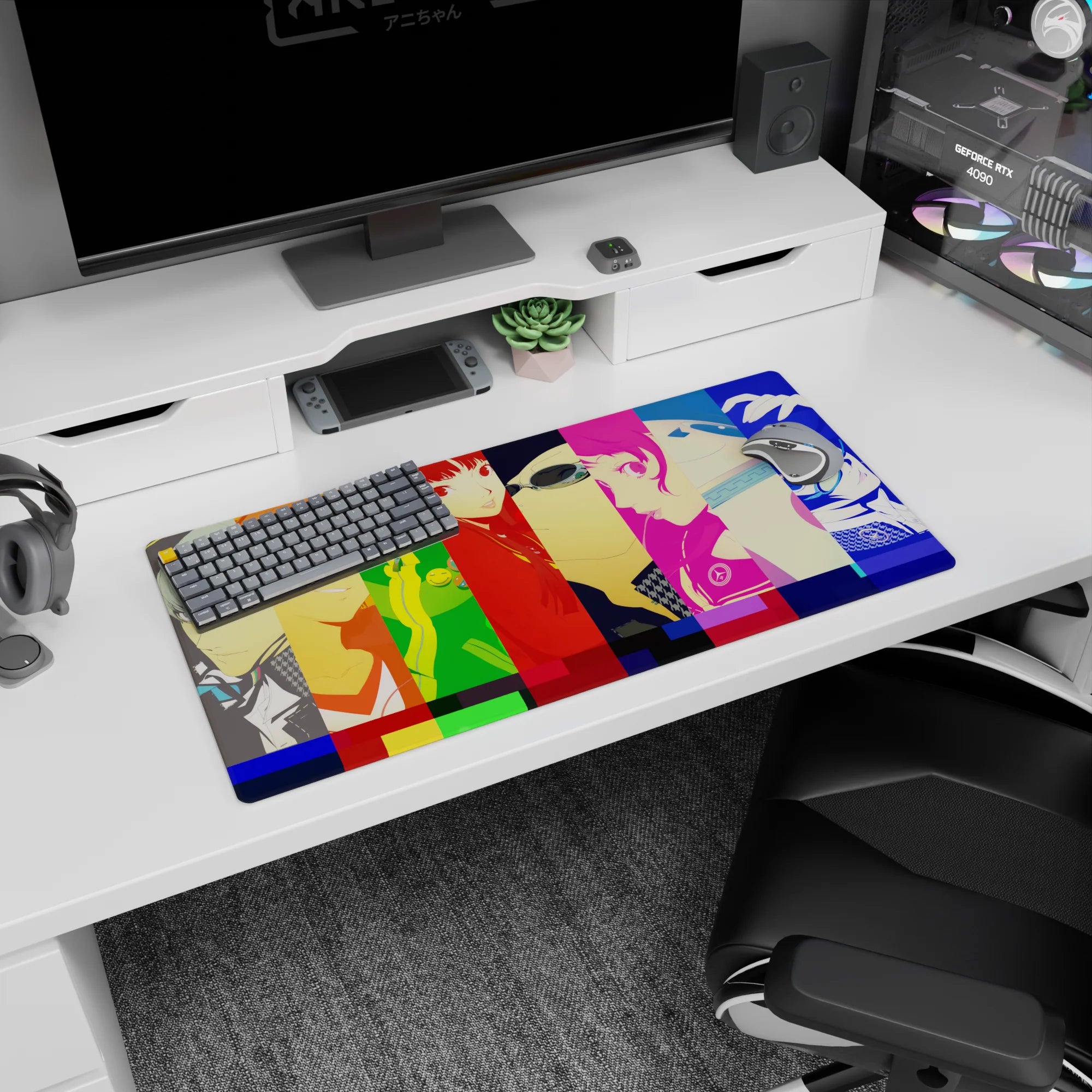 Persona 4 Golden anime mouse pad, 32x16 inches, featuring Yu, Chie, and Naoto in vibrant color blocks, perfect for gaming.