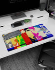 Persona 4 Golden anime mouse pad, 32x16 inches, featuring Yu, Chie, and Naoto in vibrant color blocks, perfect for gaming.