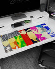 Persona 4 Golden anime desk pad 36x16 inches featuring Yu, Chie, and Naoto in vibrant color blocks, perfect for gaming.