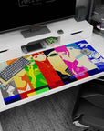 Anime mouse pad 40x20 inches featuring Persona 4 Golden characters Yu, Chie, and Naoto in vibrant color blocks.