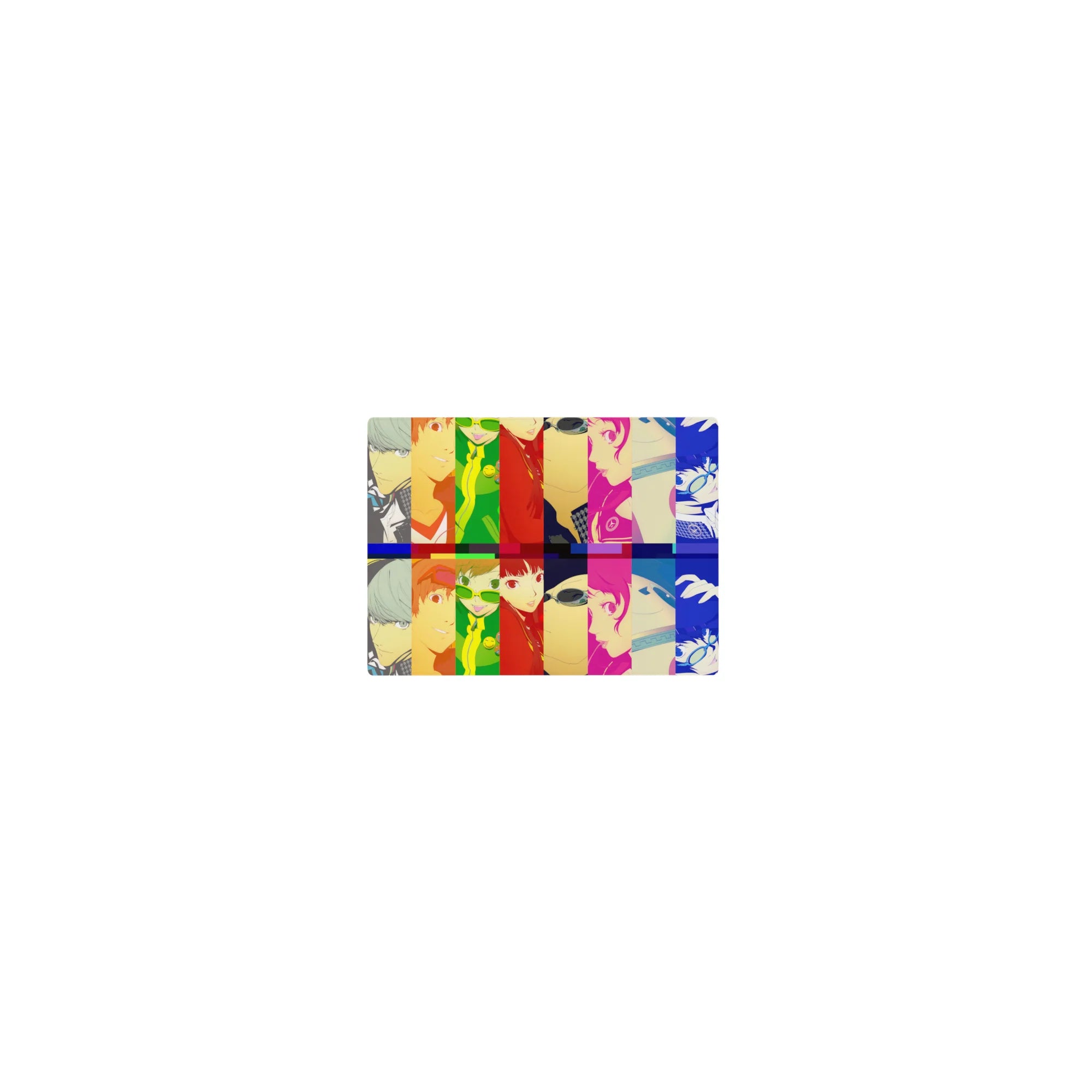 Anime mouse pad 14x10 inches featuring Persona 4 Golden characters like Yu, Chie, and Naoto in vibrant color blocks.