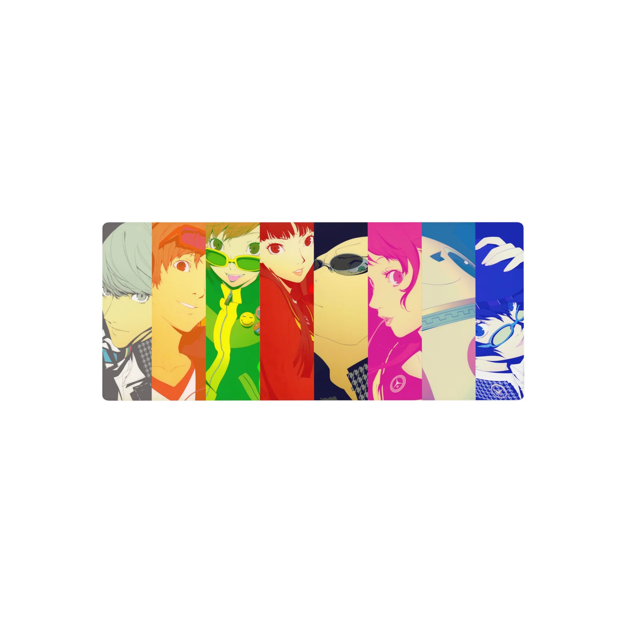 Anime mouse pad 28x12 inches featuring Persona 4 Golden characters: Yu, Chie, Naoto, in vivid, bold color blocks.