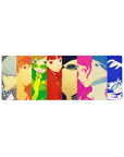 Anime mouse pad 32x12 inches featuring Persona 4 Golden cast in vibrant color blocks, showcasing characters Yu, Chie, and Naoto.
