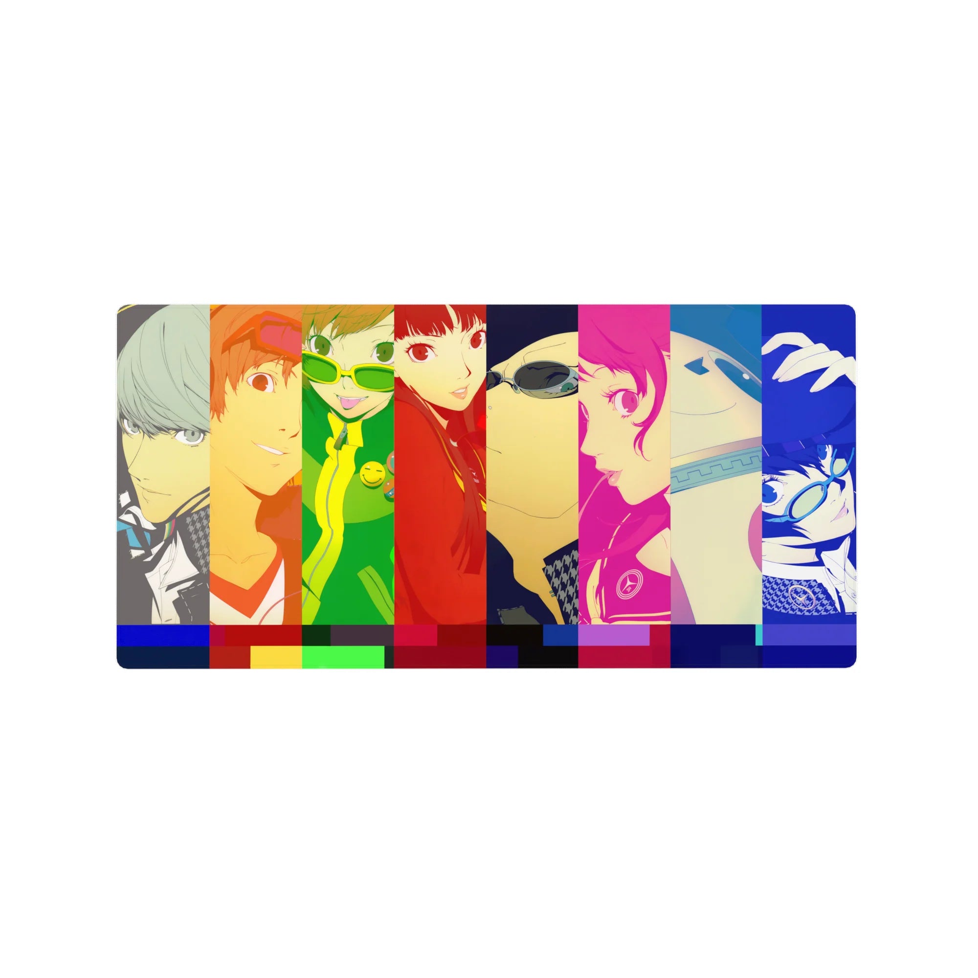 Anime mouse pad 32x16 inches featuring Persona 4 Golden cast in vibrant color blocks, showcasing Yu, Chie, and Naoto.