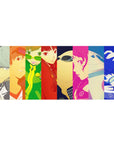 Persona 4 Golden desk pad 36x16 inches featuring Yu, Chie, and Naoto in vibrant color blocks, perfect for anime fans.