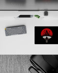 Dark moody anime mouse pad 14x10 inches in black with blood-red moon accents and crisp white circle.