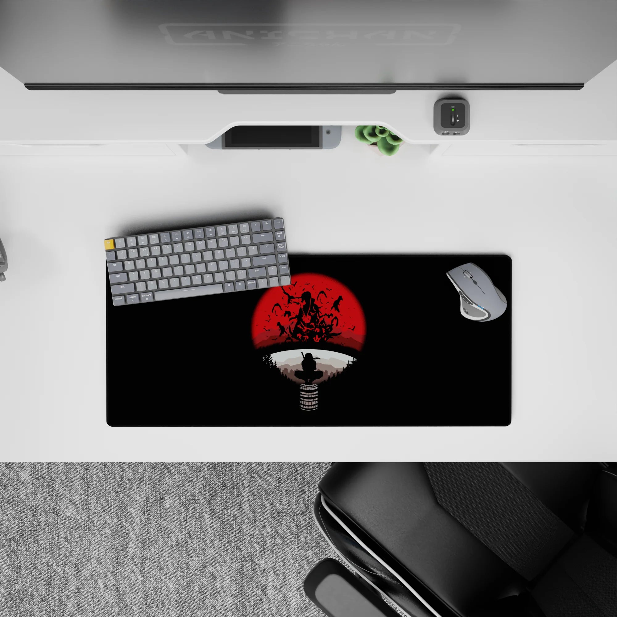 28x12 inches dark anime mouse pad, black and blood-red moon with stark white ring for moody desk vibes.