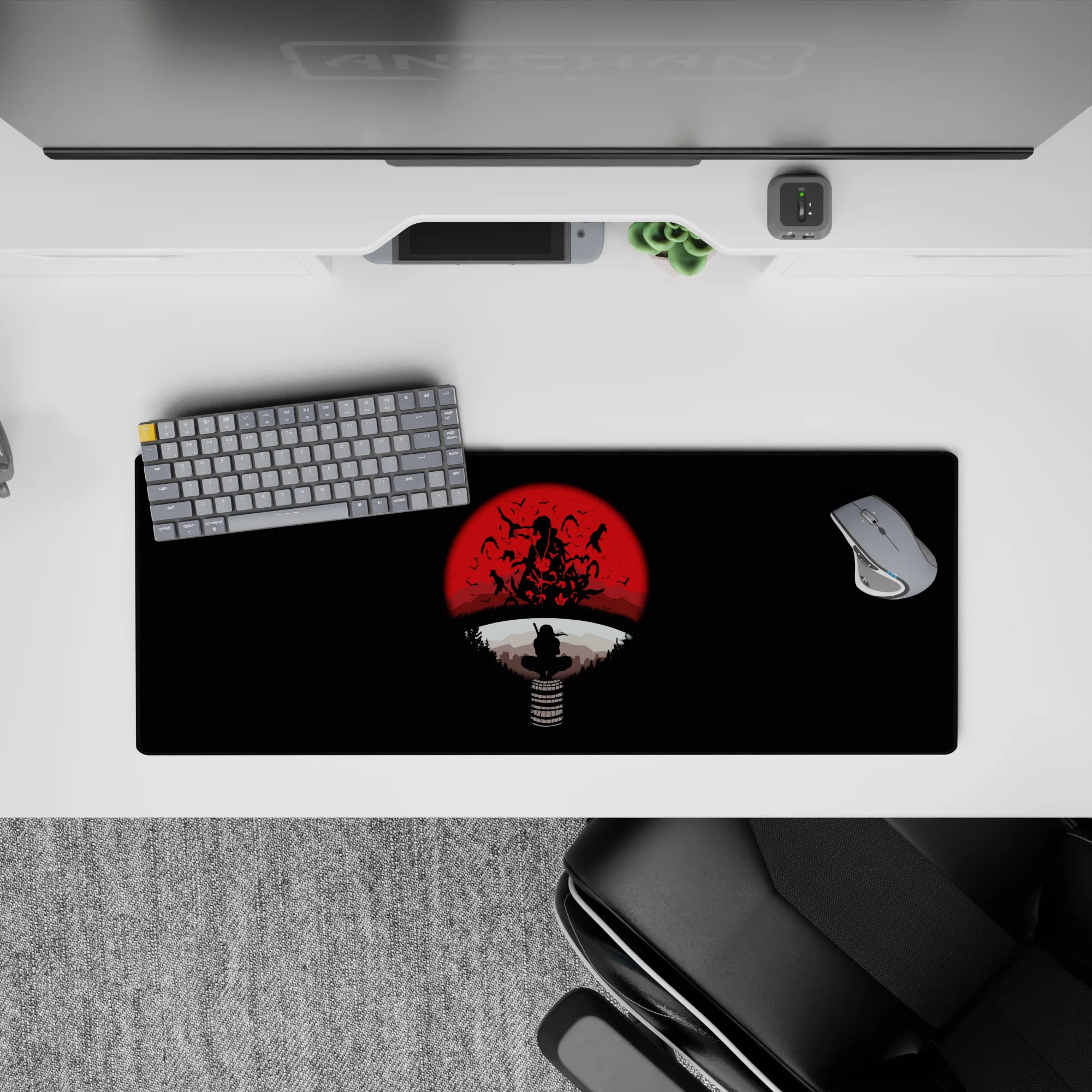 32x12 inches anime mouse pad in black and blood-red, dark moody vibe with crisp white ring accents.