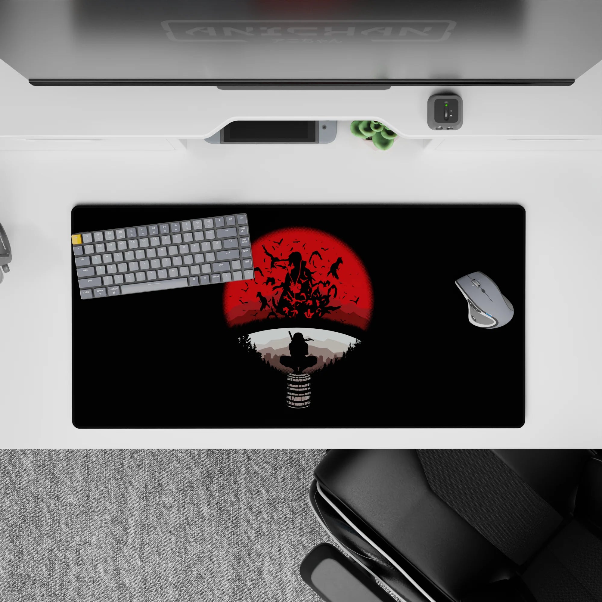 32x16 inches dark anime mouse pad in black and blood-red with a haunting moonlit, moody vibe.
