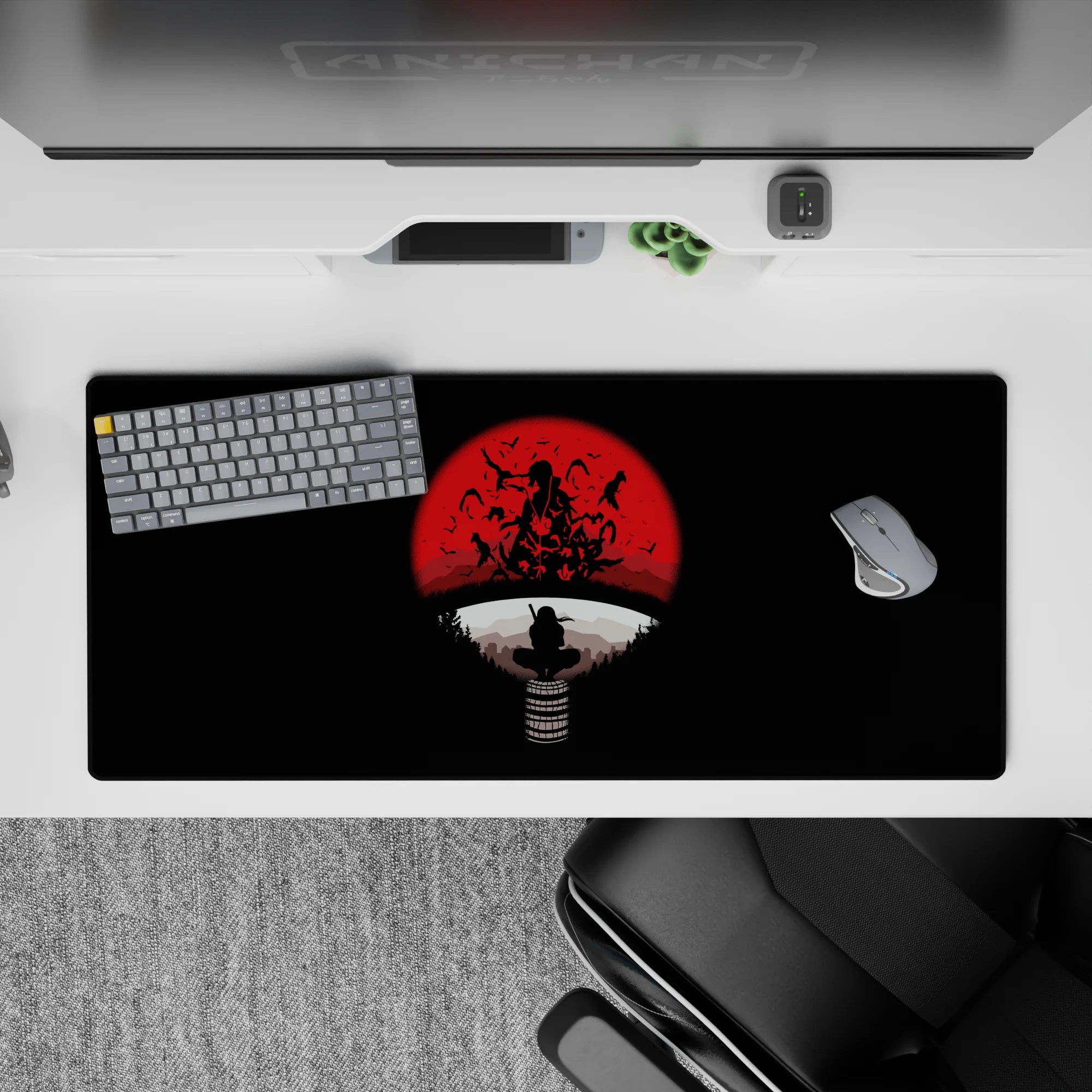 36x16 inches dark anime desk pad, black and blood-red moon palette with crisp white accents.