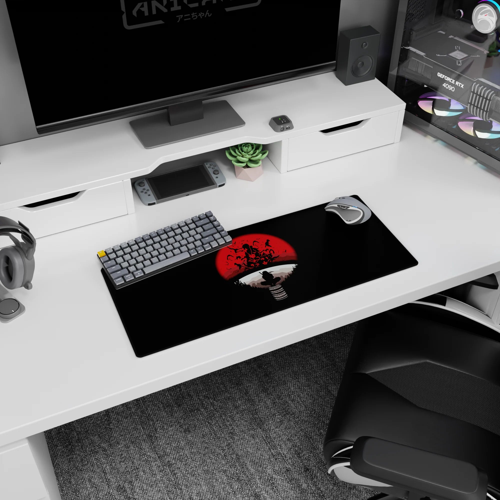 28x12 inches Naruto mouse pad featuring Itachi Uchiha perched in a calm crow pose beneath a red moon.