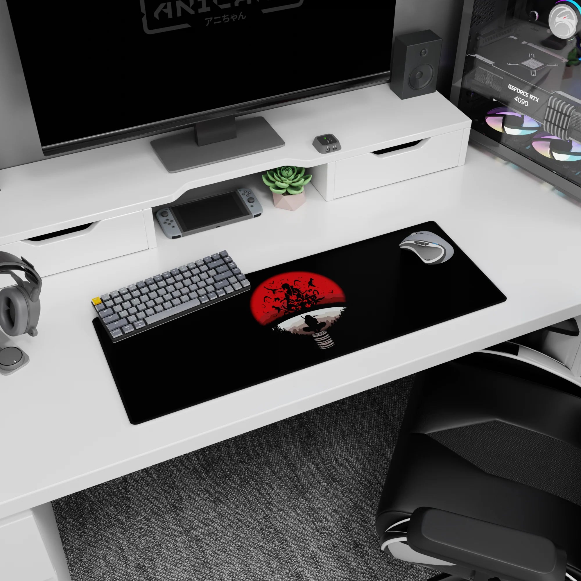 32x12 inches Naruto mouse pad featuring Itachi Uchiha perched in calm crow pose beneath a red moon.