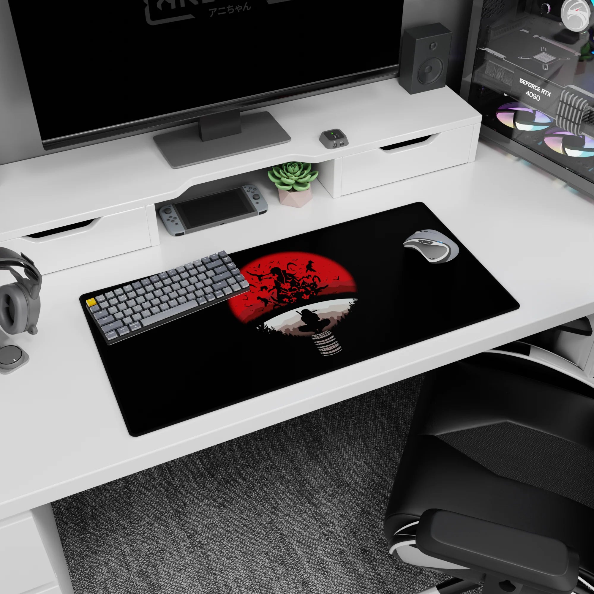 32x16 inches Itachi Uchiha Naruto mouse pad featuring him perched in a calm crow pose under a red moon.