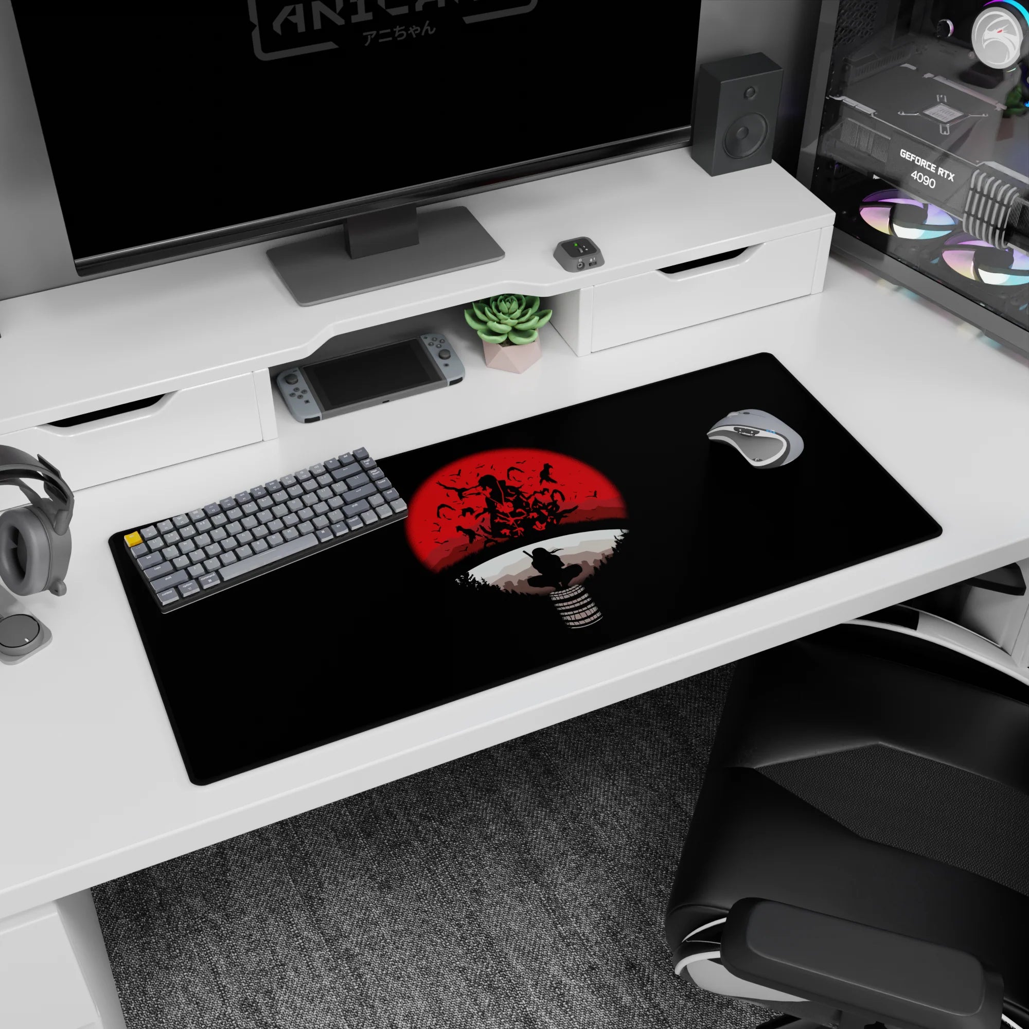 36x16 inches Naruto desk pad featuring Itachi Uchiha perched in a calm crow pose under a red moon.