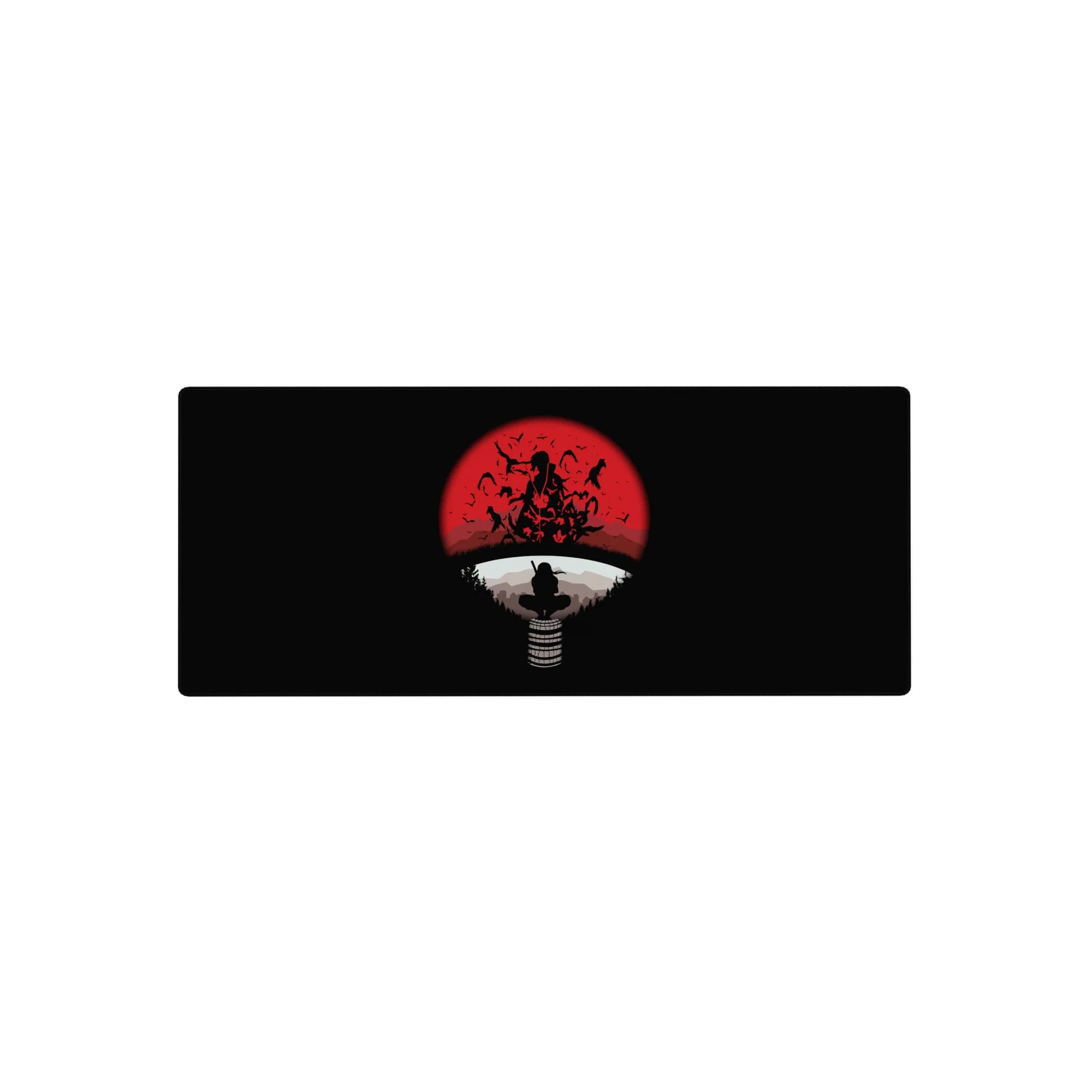 28x12 inches anime mouse pad with crow-silhouette ninja under a red moon, crisp ring and hills design.