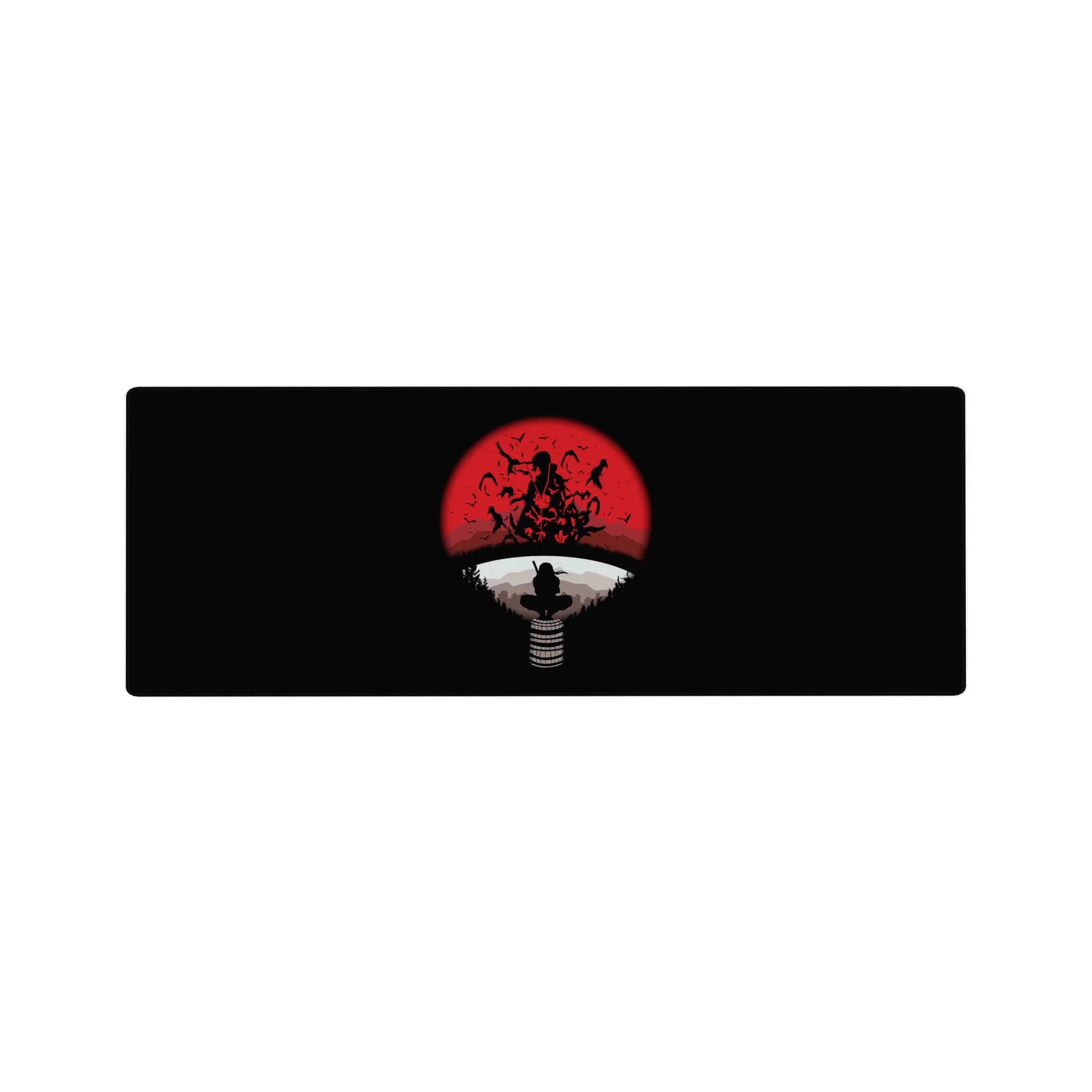 32x12 inches anime mouse pad with crow silhouette ninja on a perch, red moon, white ring, and hills.