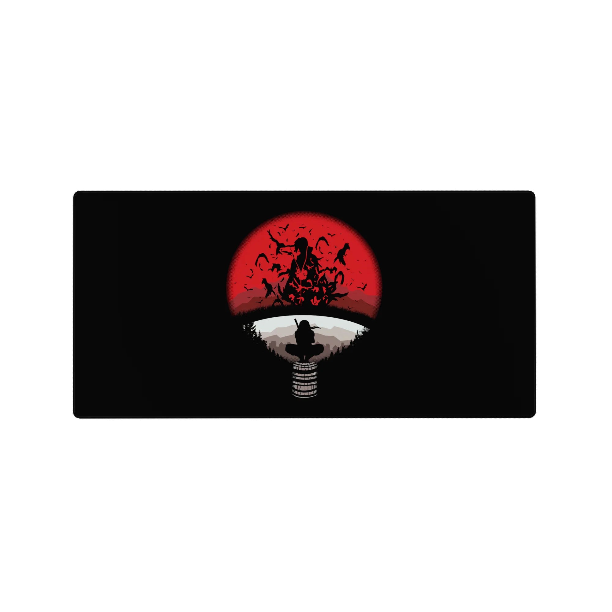 32x16 inches anime mouse pad with crow-silhouette ninja on black, red moon, white ring, and hills.