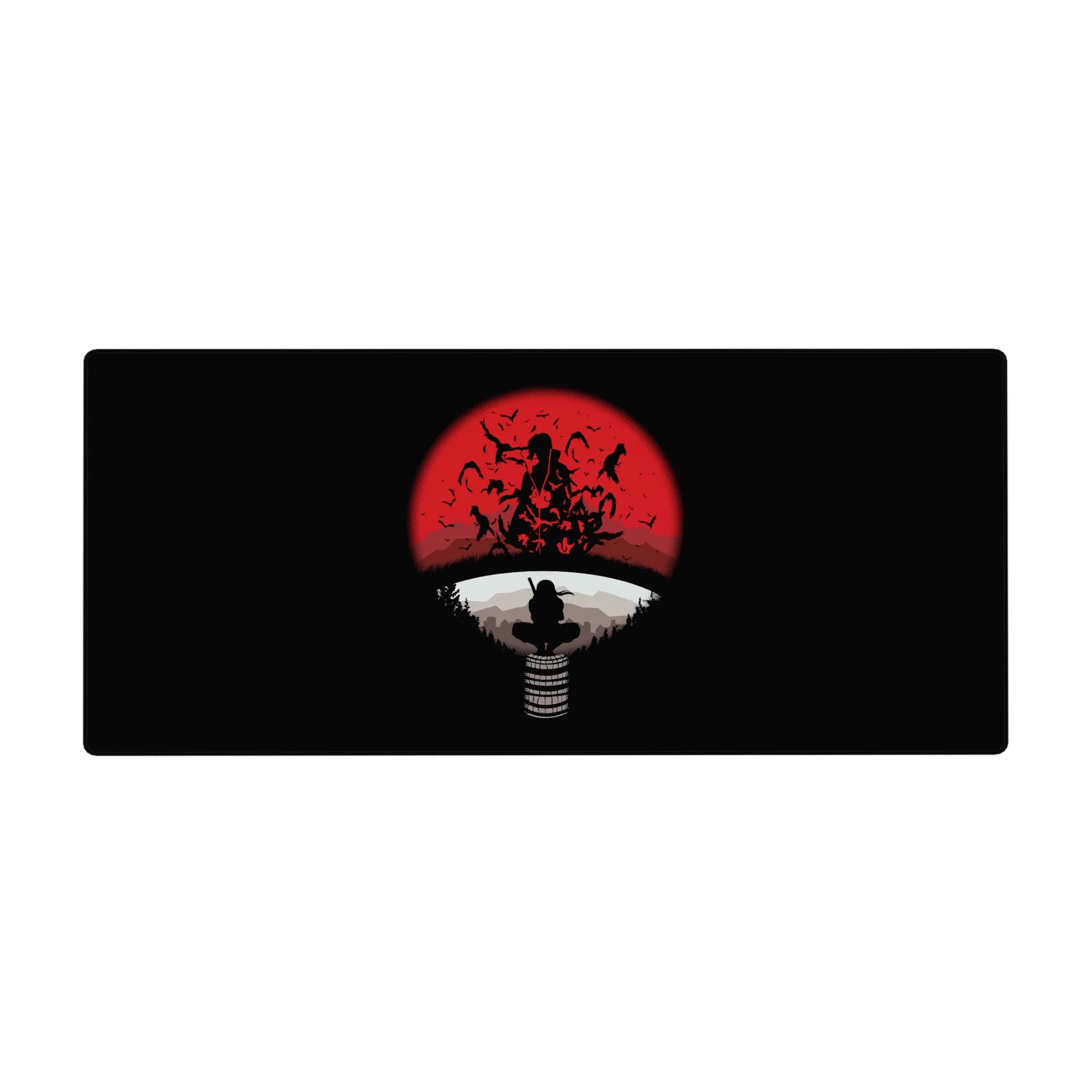 36x16 inches anime desk pad with crow-silhouette ninja, red moon, white ring, and distant hills.