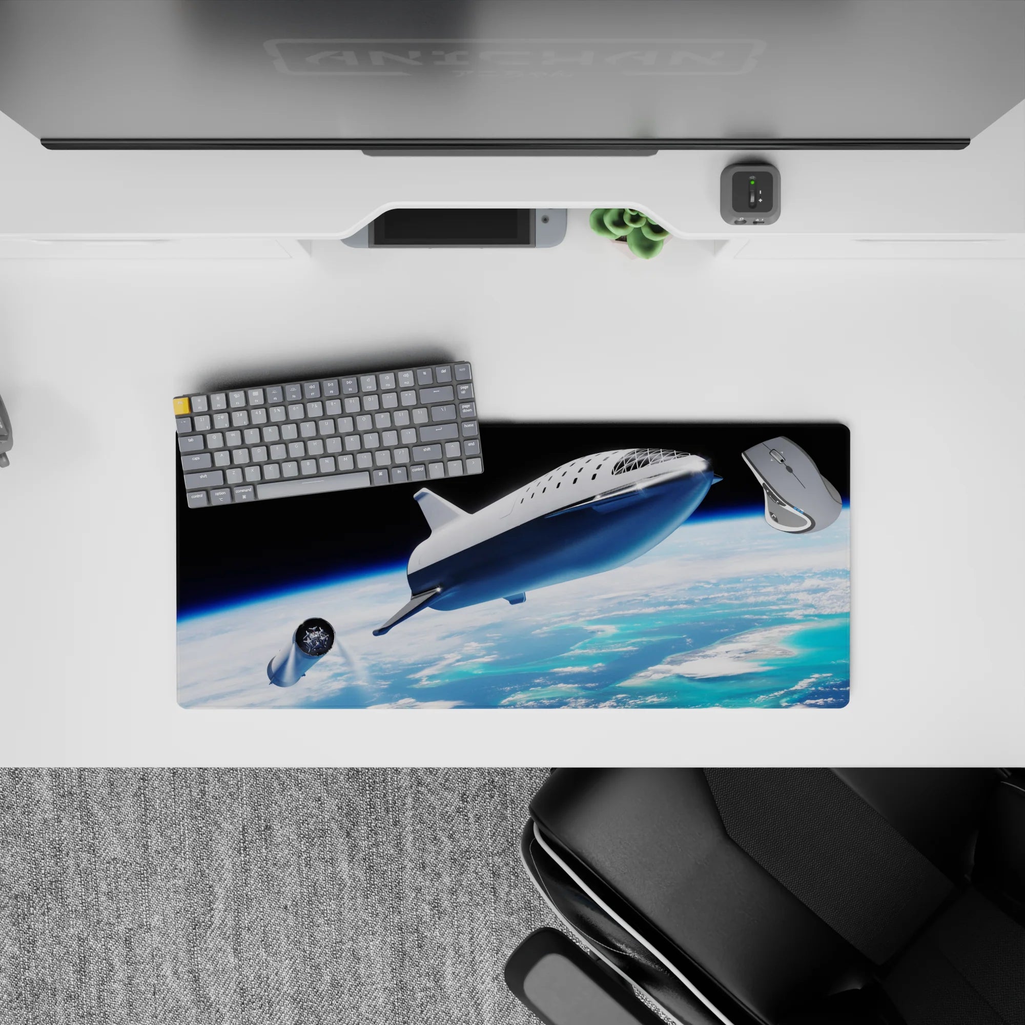 Moody black-sky 28x12 inches desk mouse pad with calm horizon glow, airy blues, and soft cloud swirls.