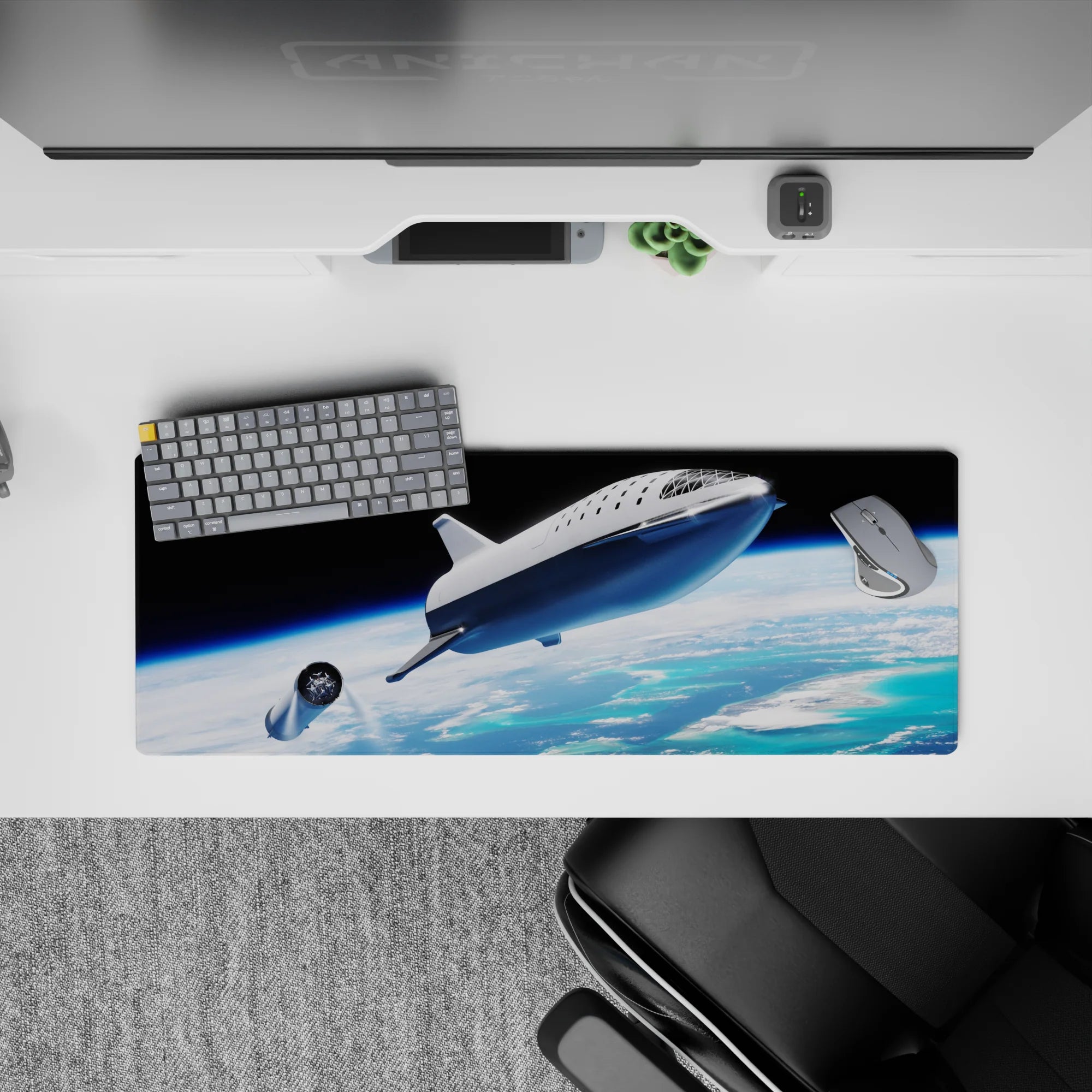 Moody 32x12 inches mouse pad in deep black sky, bright ocean blues, and soft cloud gradients.