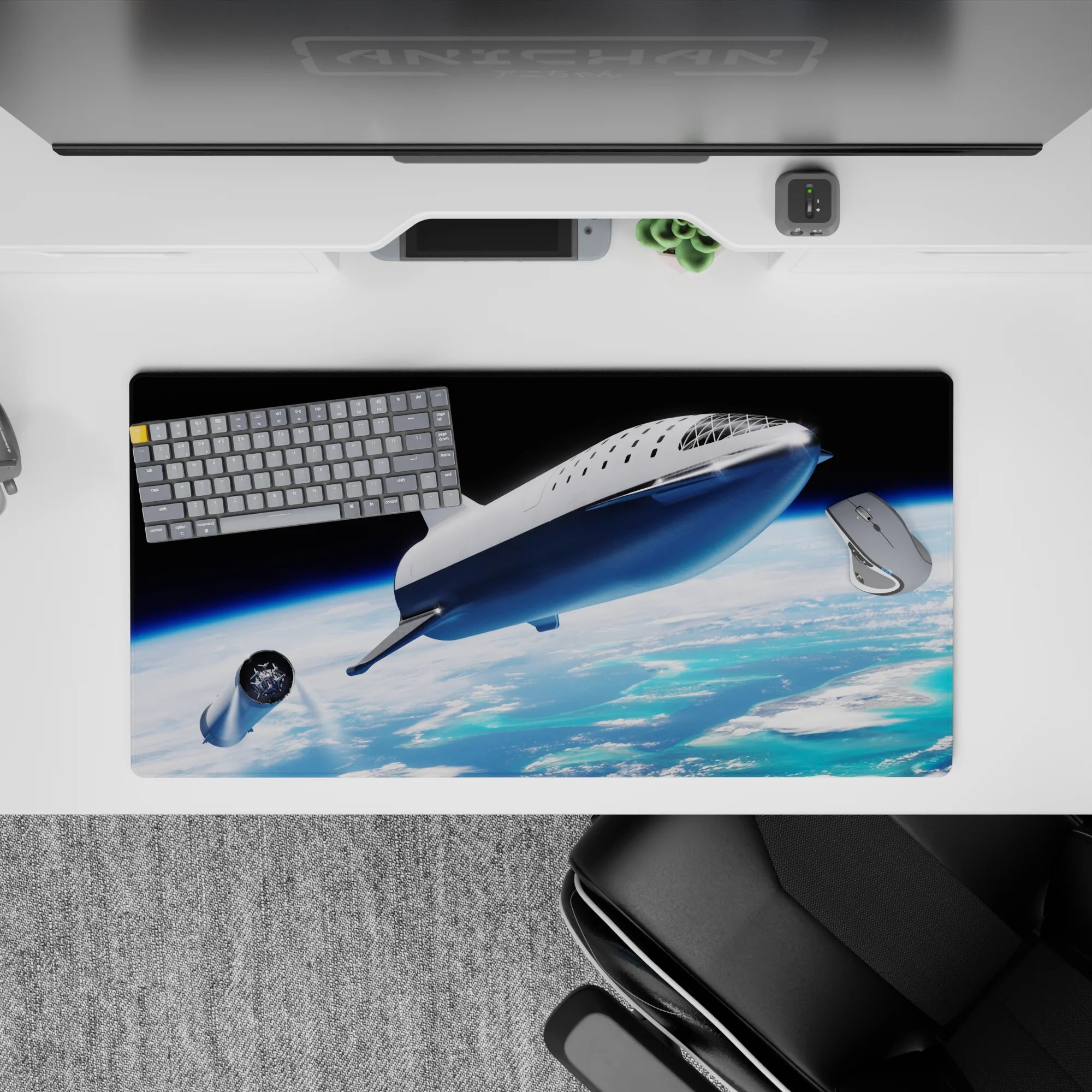 Moody black sky mouse pad 32x16 inches with calm horizon glow, soft clouds, and bright blues.