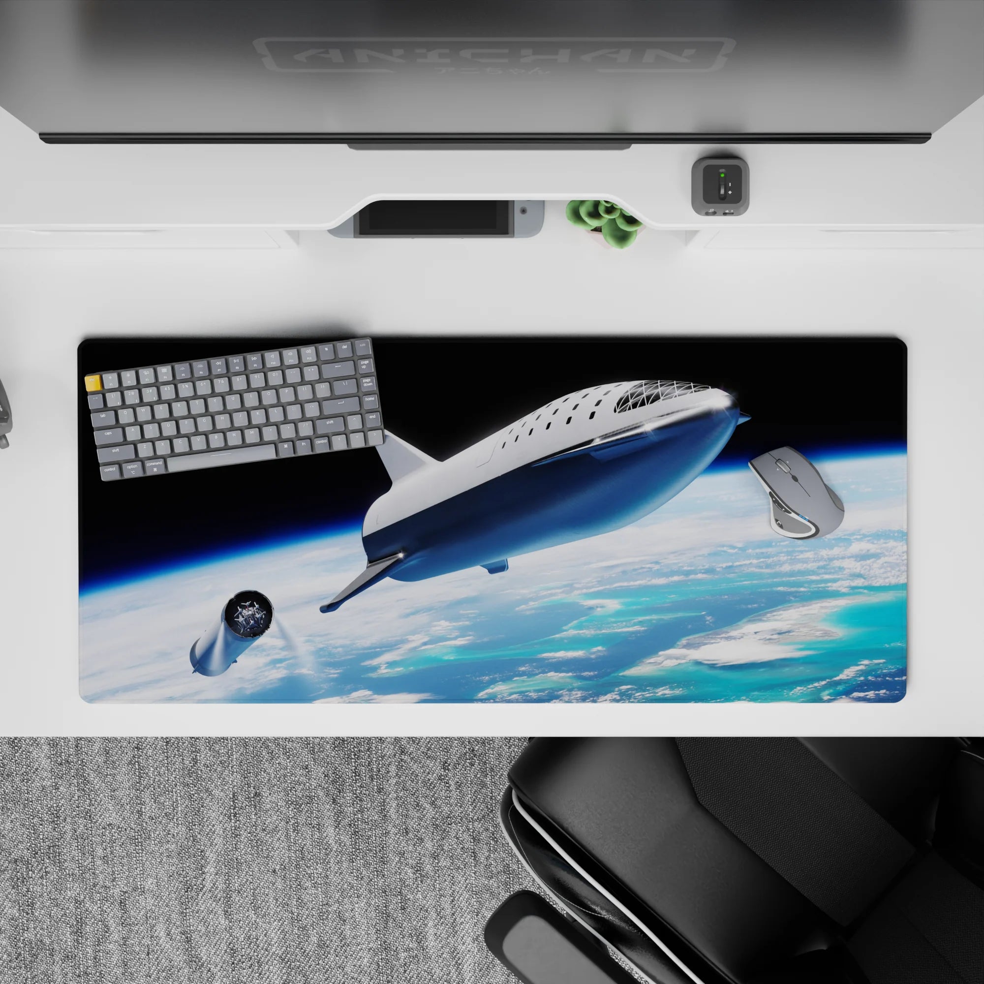 Calming blue gradients and dramatic black sky desk pad 36x16 inches with soft clouds and horizon light.