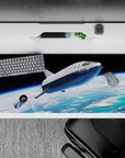 Calming blue gradients and dramatic black sky desk pad 36x16 inches with soft clouds and horizon light.