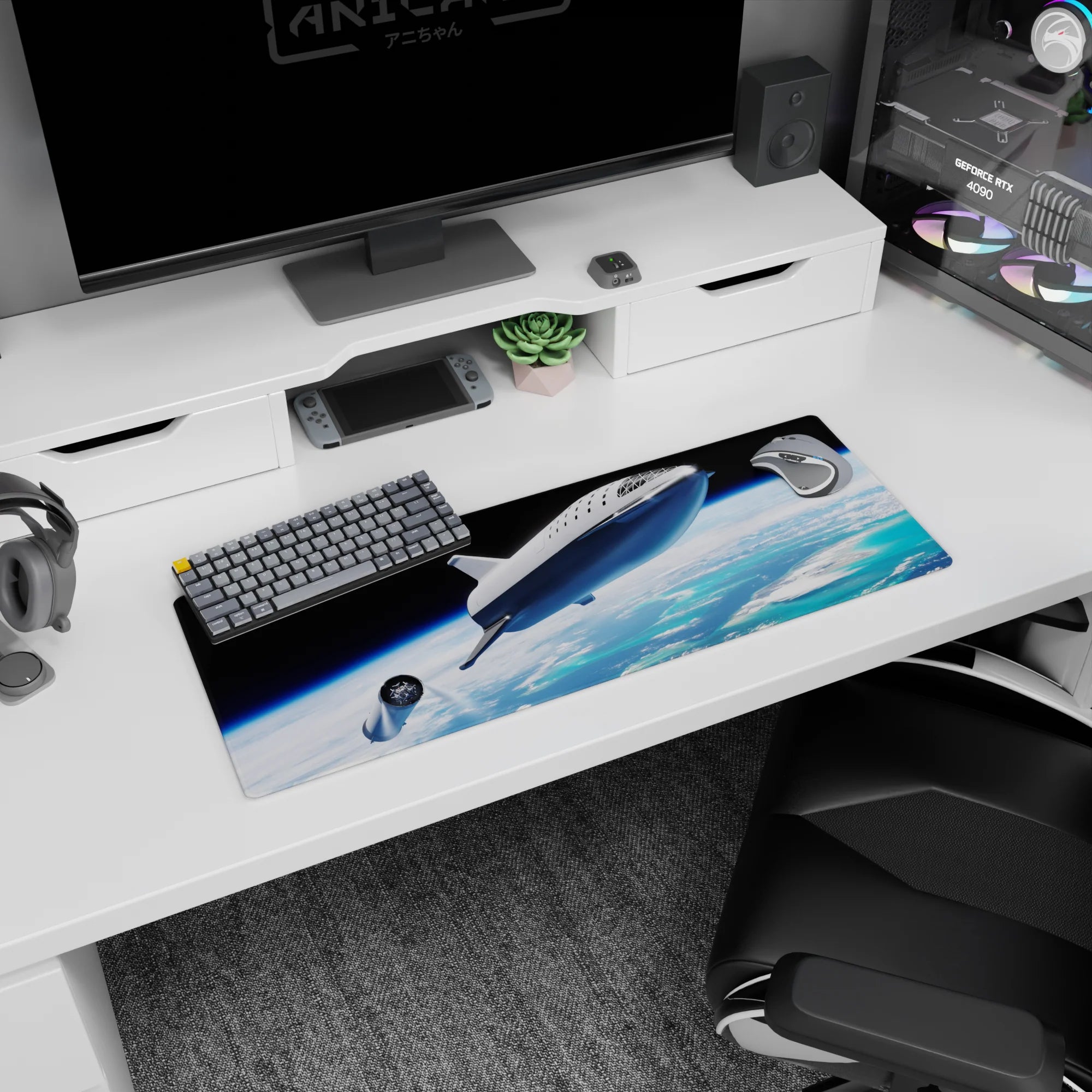 Silver starship cruising above swirling clouds and blue sea on a 32x12 inches extended mouse pad.