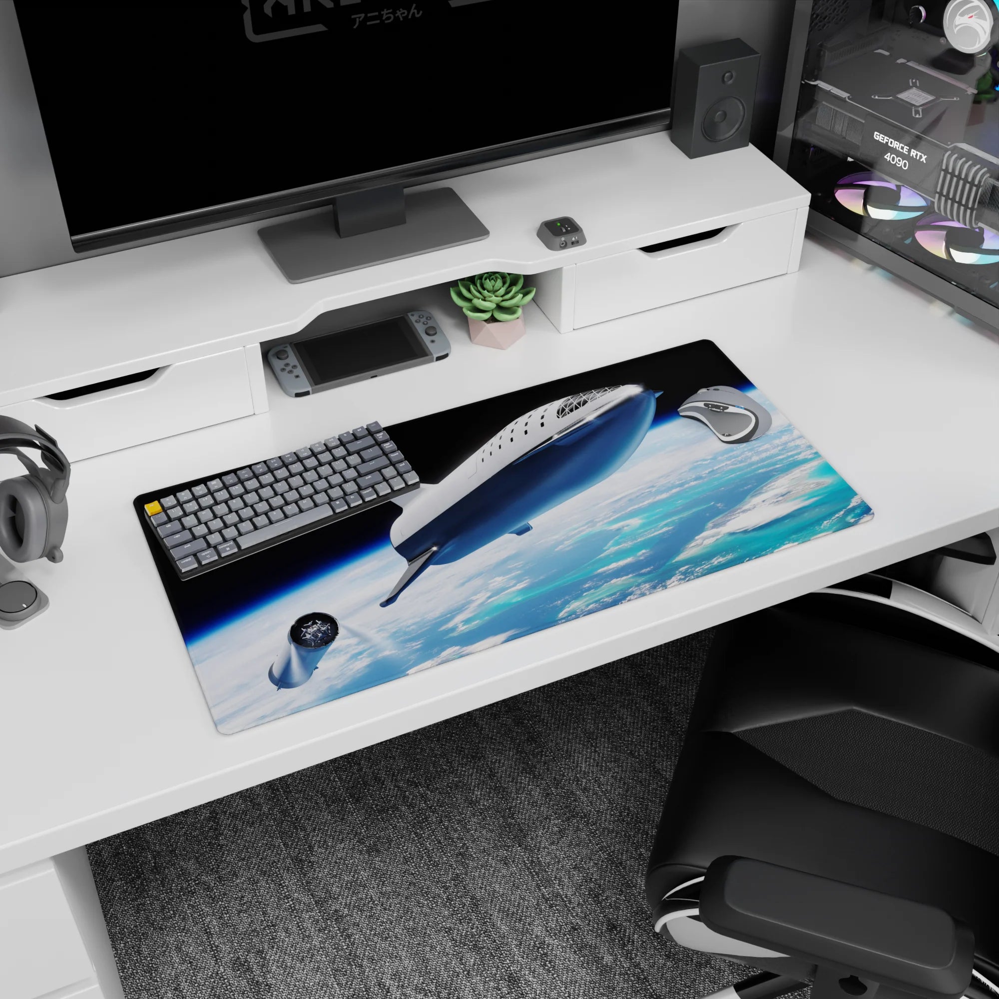 Silver spaceship cruising above cloud swirls on an ocean backdrop mouse pad 32x16 inches.