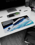 Silver spaceship cruising above cloud swirls on an ocean backdrop mouse pad 32x16 inches.