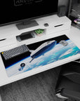 Silver spaceship cruising above clouds and bright ocean blues on a 36x16 inches desk pad.