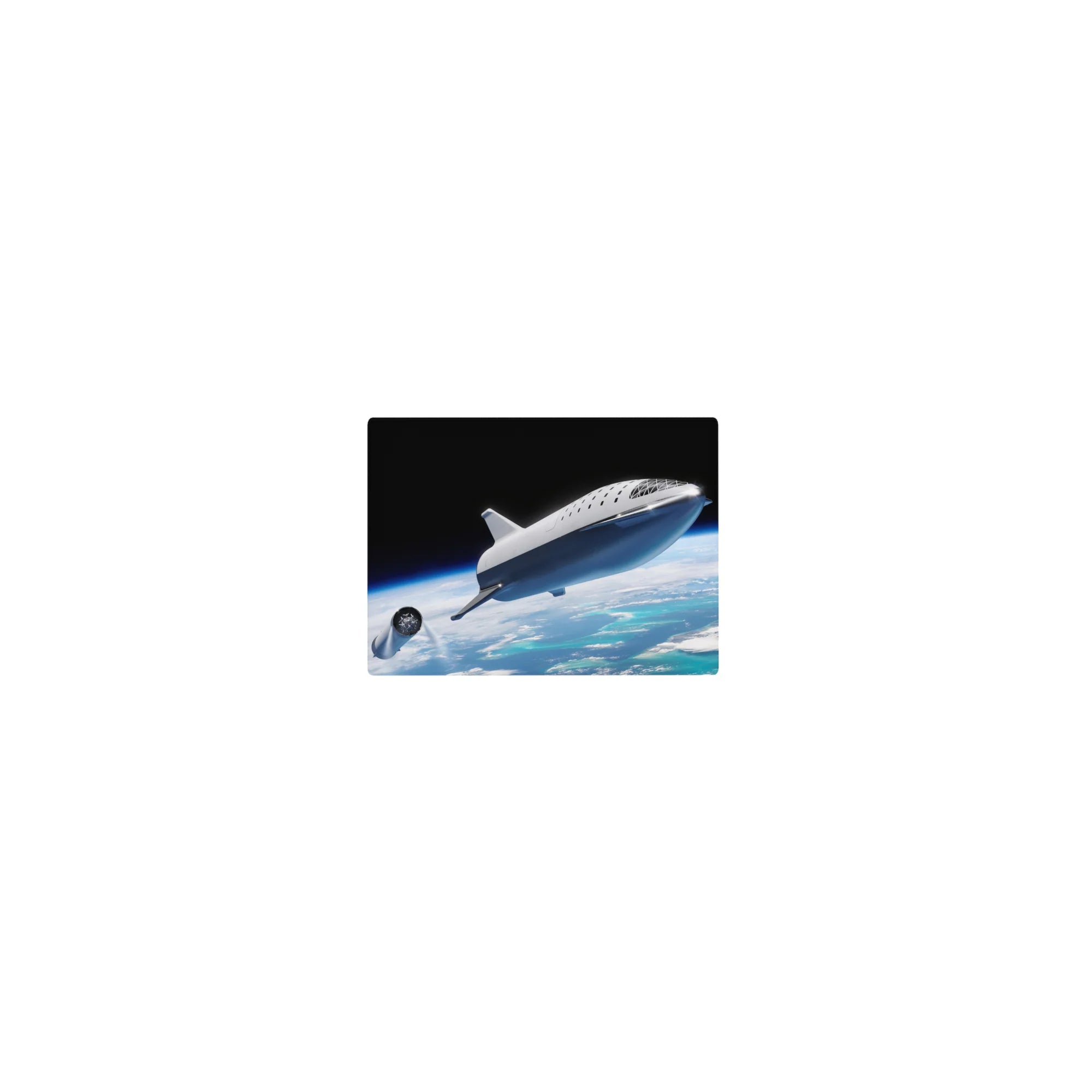 Classic 14x10 inches mouse pad with sleek silver spaceship above cloud swirls and blue ocean horizon.