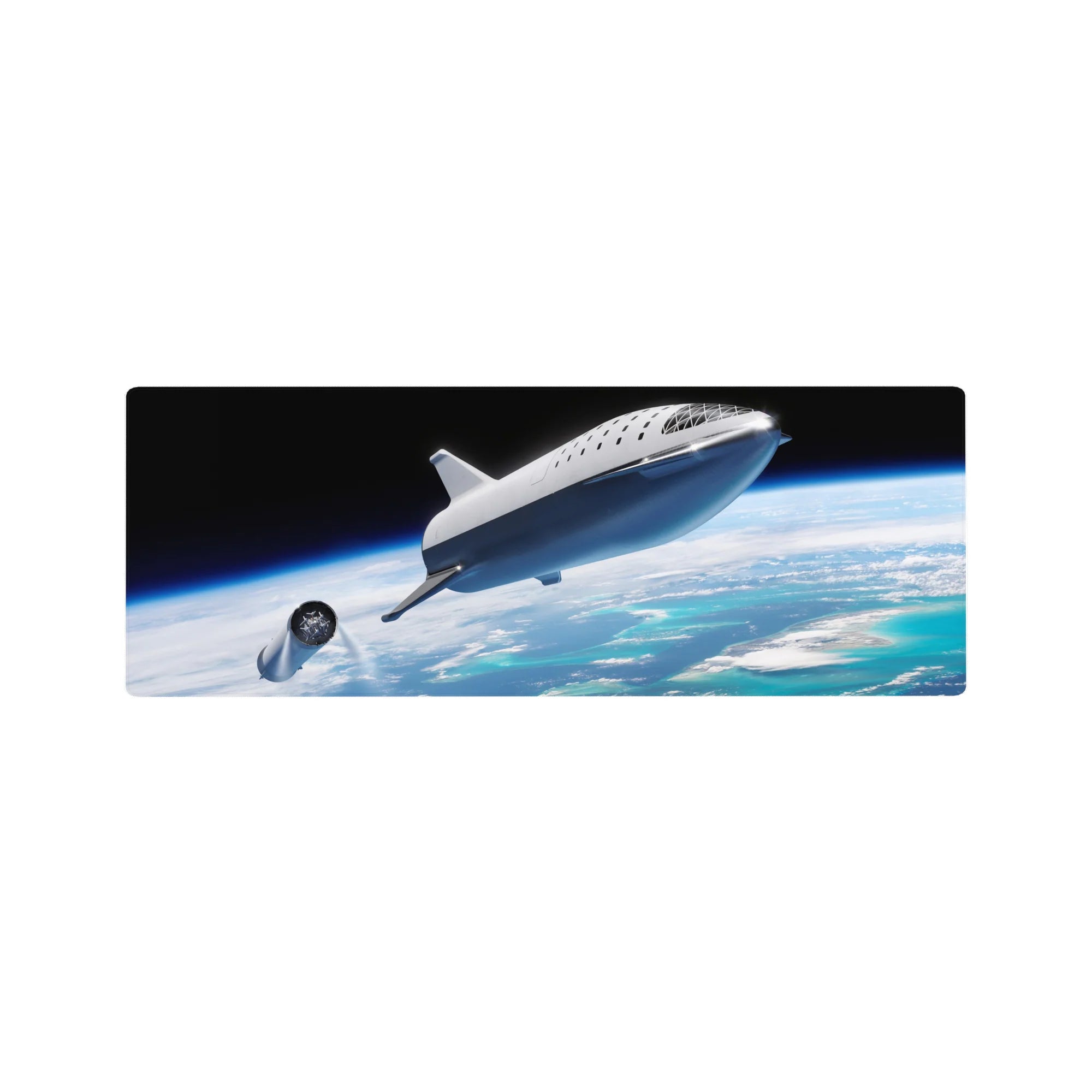 Space-themed 32x12 inches desk mouse pad with sleek silver spaceship over clouds and ocean horizon.