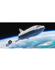 Space-themed desk pad 36x16 inches with silver spaceship over cloud swirls and ocean horizon glow.