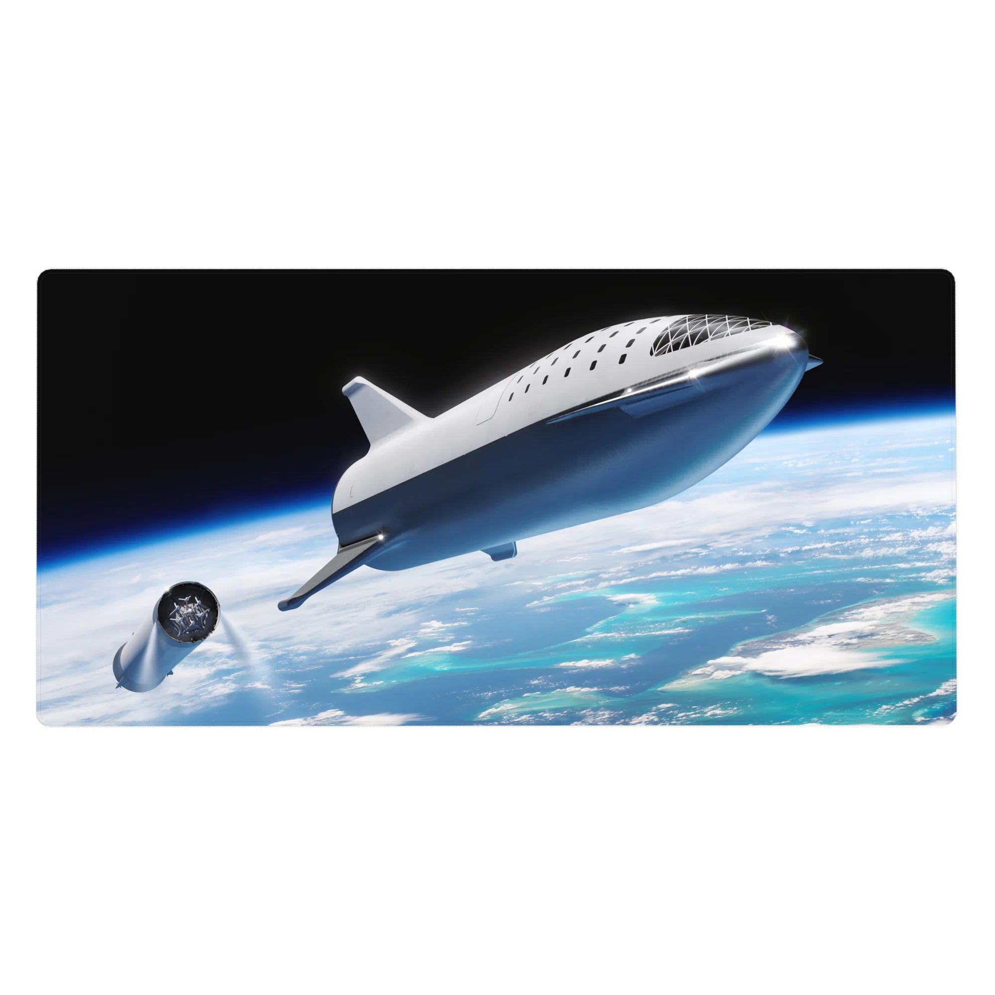 Space-themed desk pad 40x20 inches with silver ship above cloud swirls and ocean horizon glow.