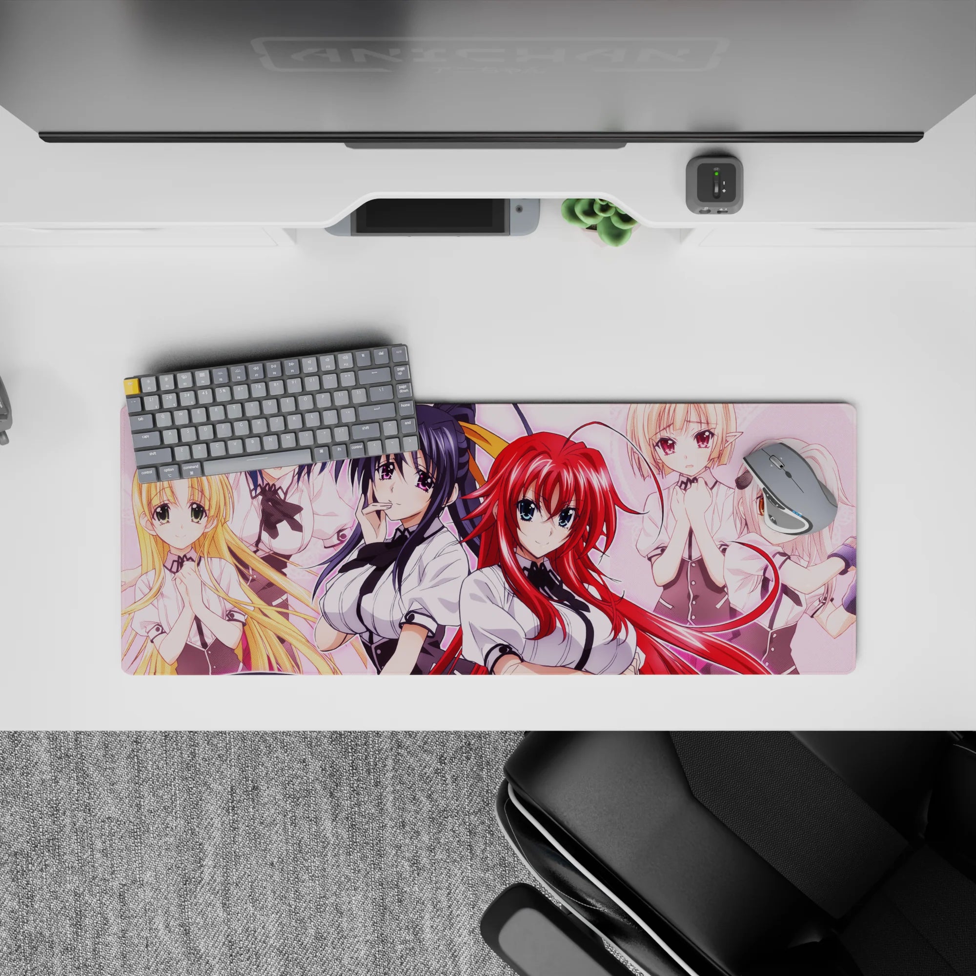 Anime mouse pad 32x12 inches featuring High School DxD girls, showcasing Rias&#39;s charm and Koneko&#39;s glare on a pink backdrop.