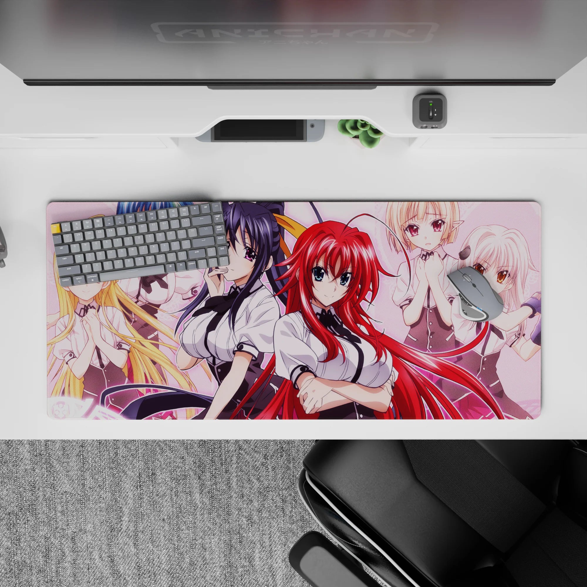 Anime desk pad 36x16 inches featuring High School DxD characters, showcasing Rias and Koneko with vivid pink and bold manga art.