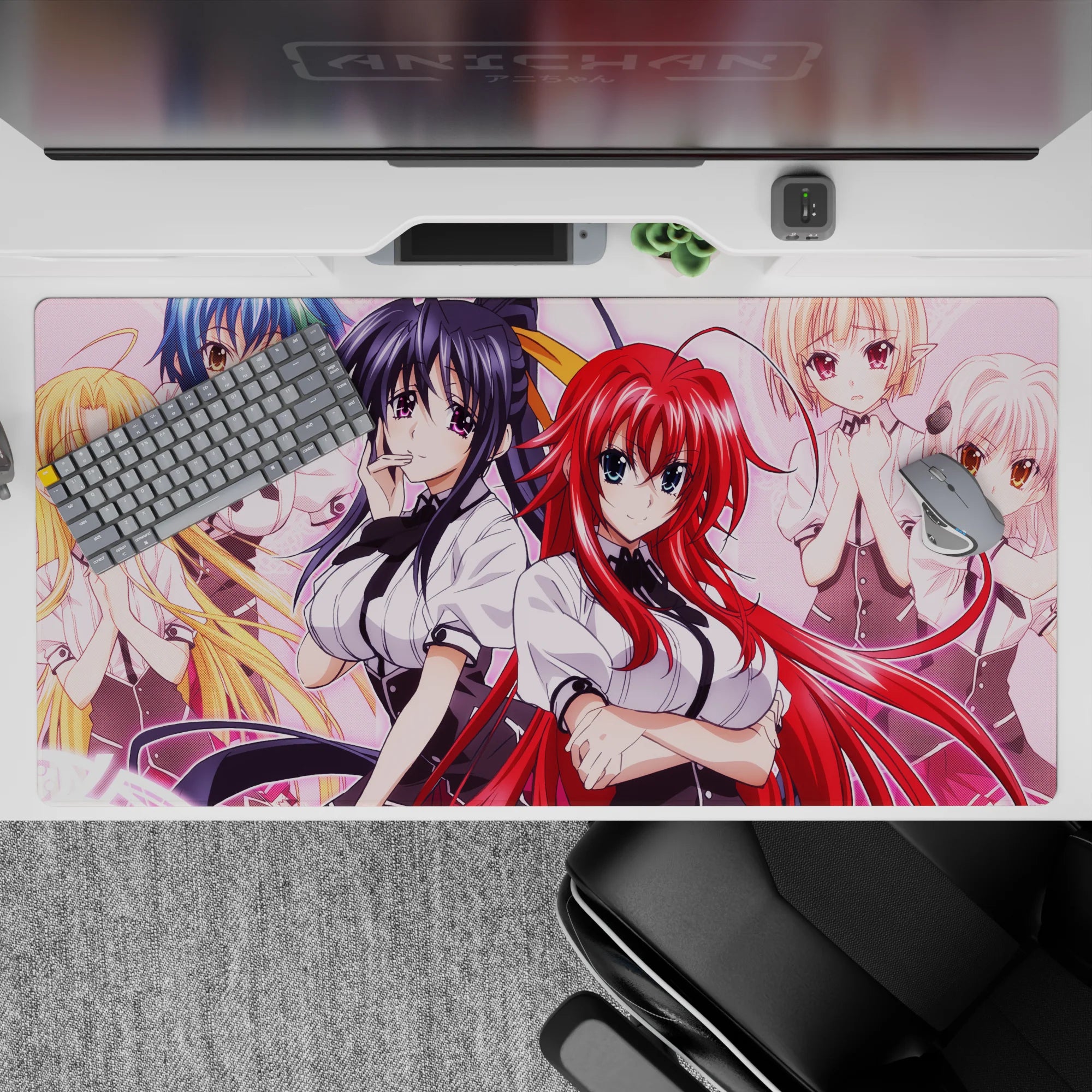 High School DxD desk pad 40x20 inches featuring Rias, Koneko, and more, anime style, vibrant and pastel backdrop.