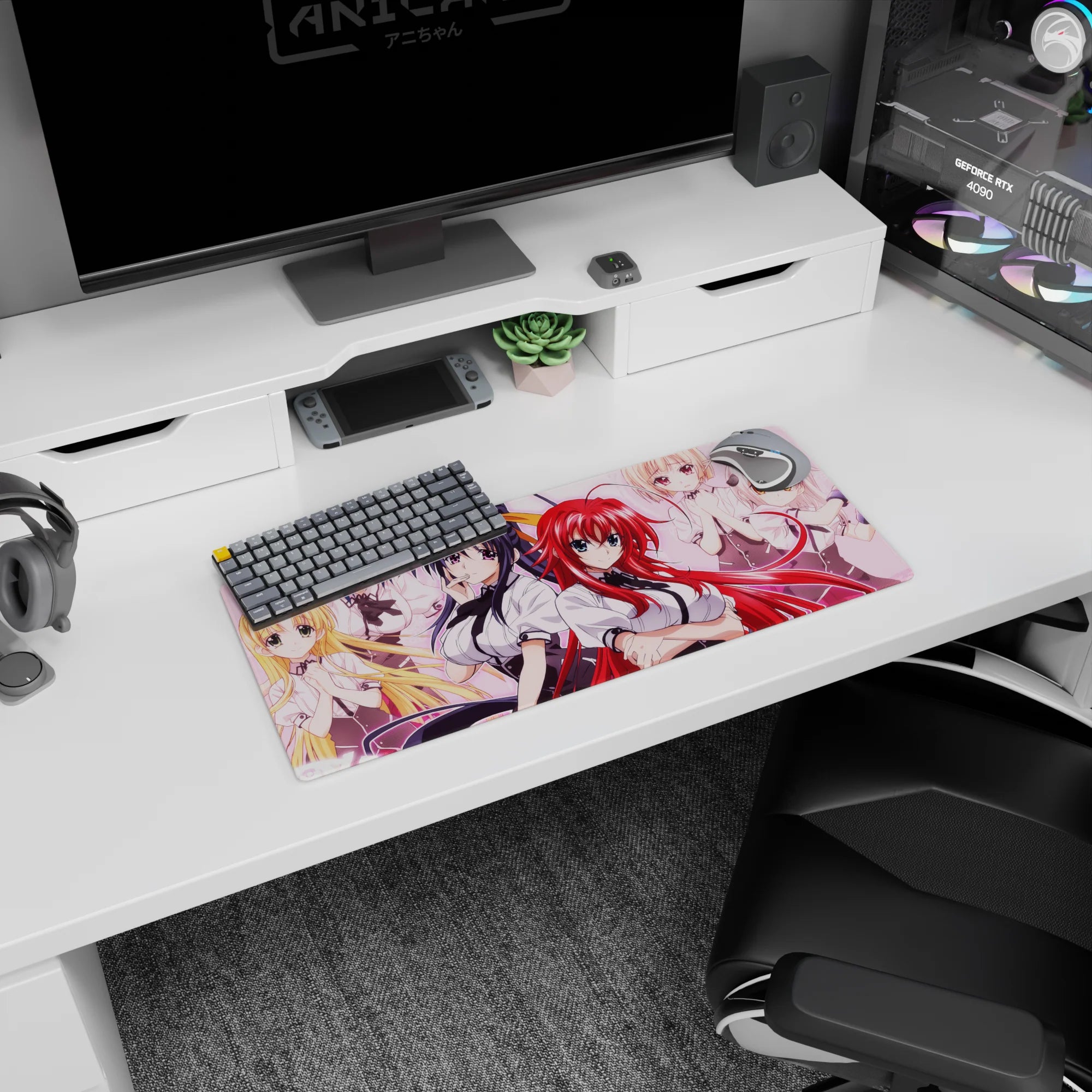 High School DxD anime mouse pad featuring Rias and Koneko, 28x12 inches, vibrant pink hues and manga panel style.