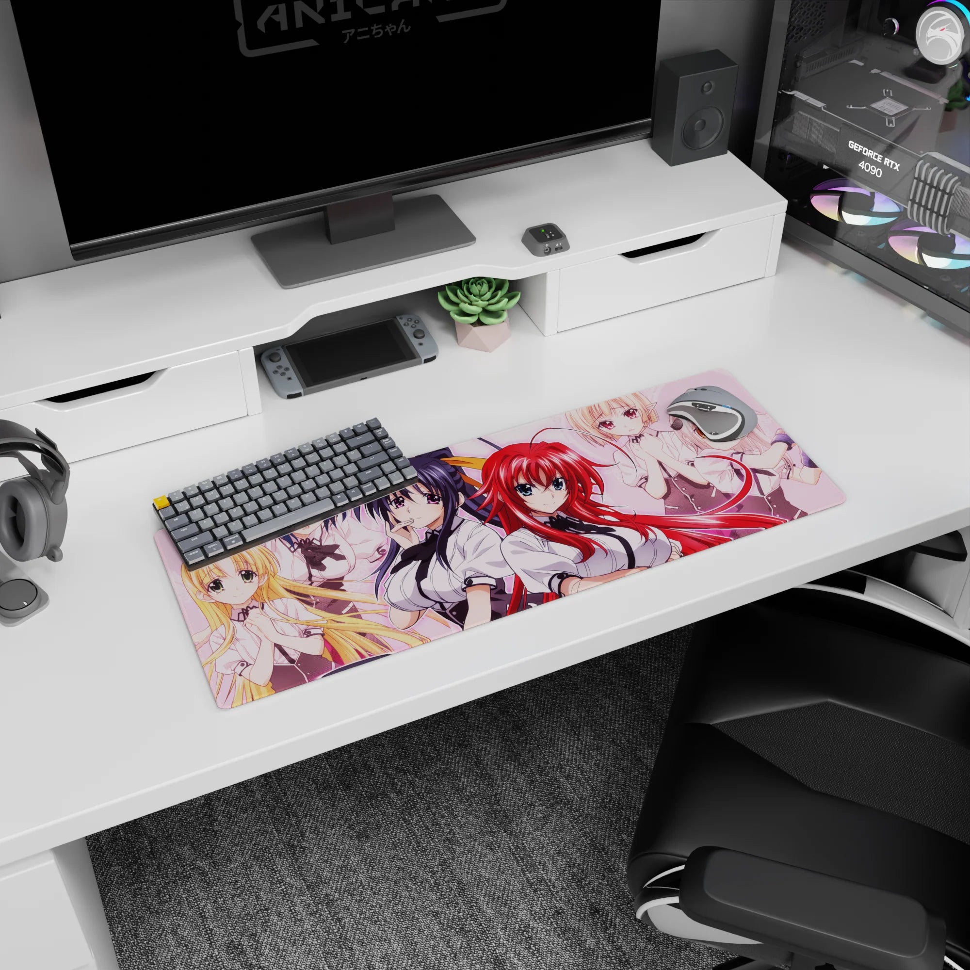 Anime mouse pad featuring High School DxD girls, 32x12 inches; vibrant pastel design with Rias and Koneko characters.