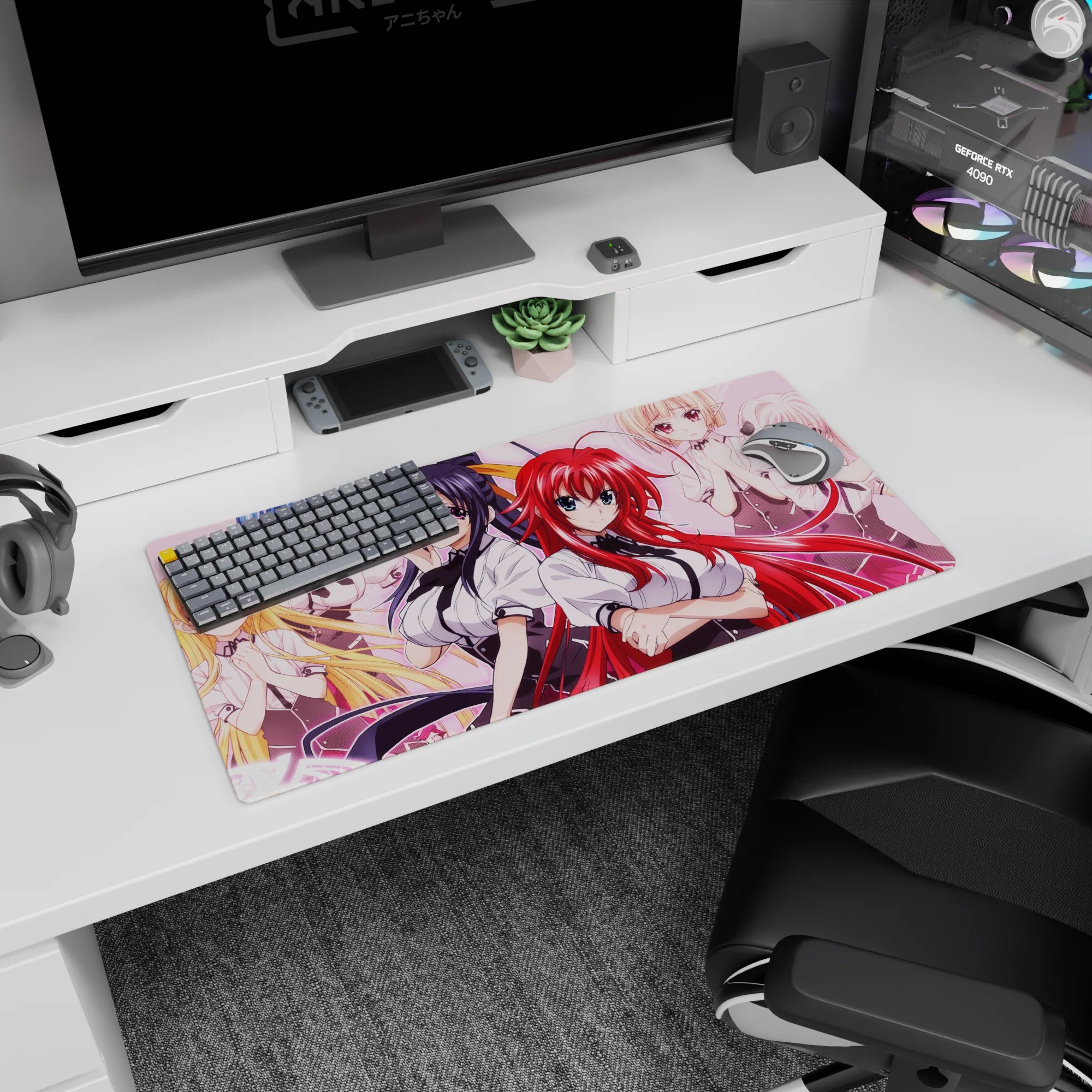 High School DxD anime mouse pad 32x16 inches featuring Rias and Koneko, vibrant pink tones, perfect for desk decor.