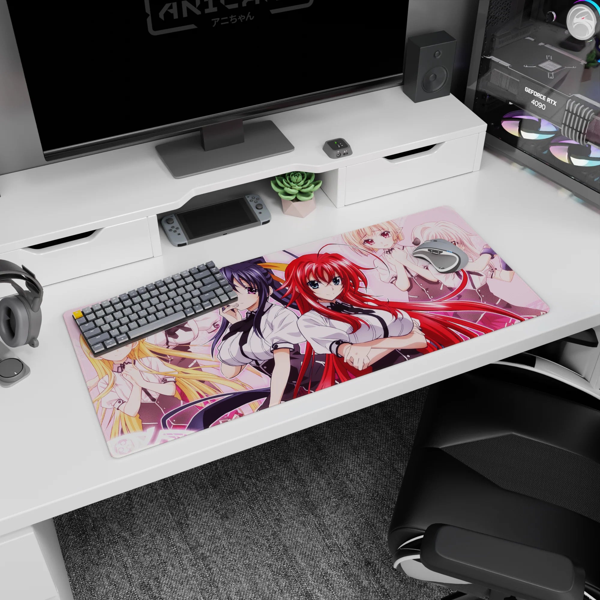 High School DxD desk pad 36x16 inches featuring Rias and Koneko, vibrant anime design with bold manga-style outlines.