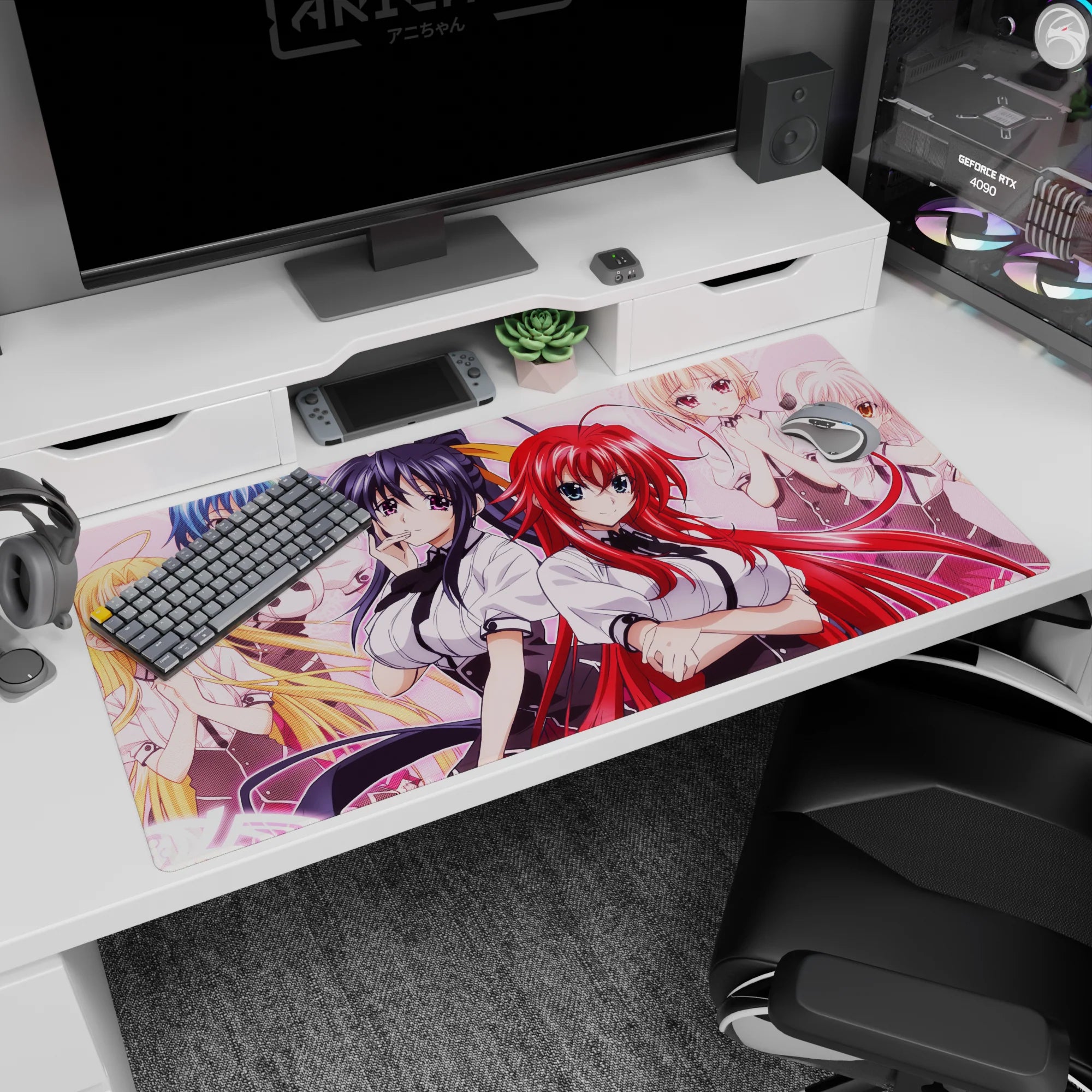 High School DxD anime desk pad 40x20 inches featuring Rias and Koneko, vibrant pastel colors, perfect for desk decor.